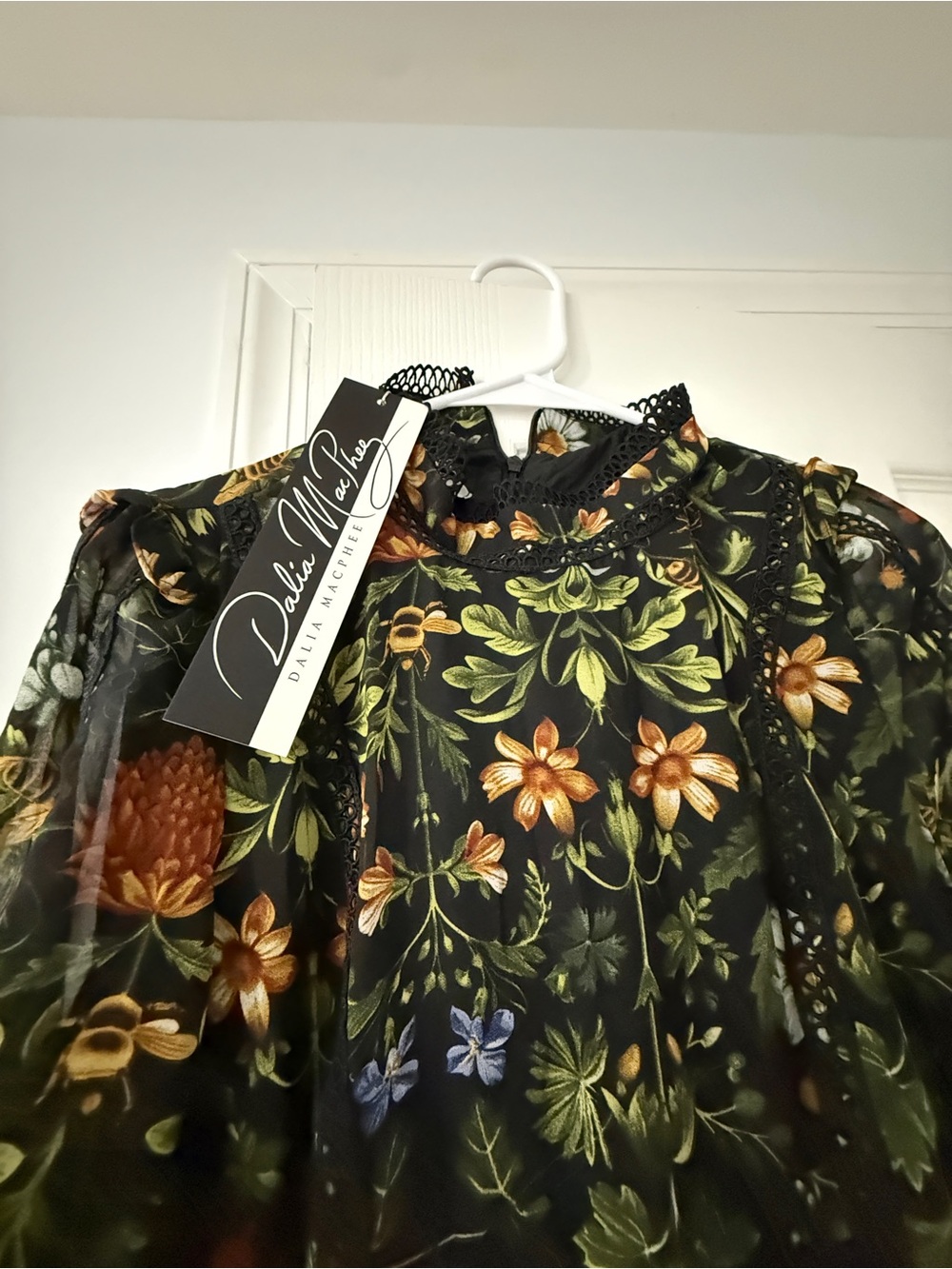 Delia MacAllan Black Floral Sheer High-Neck Blouse
